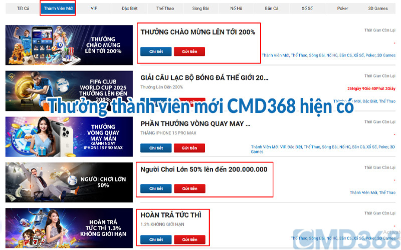 Thưởng thành viên mới CMD368 hiện có